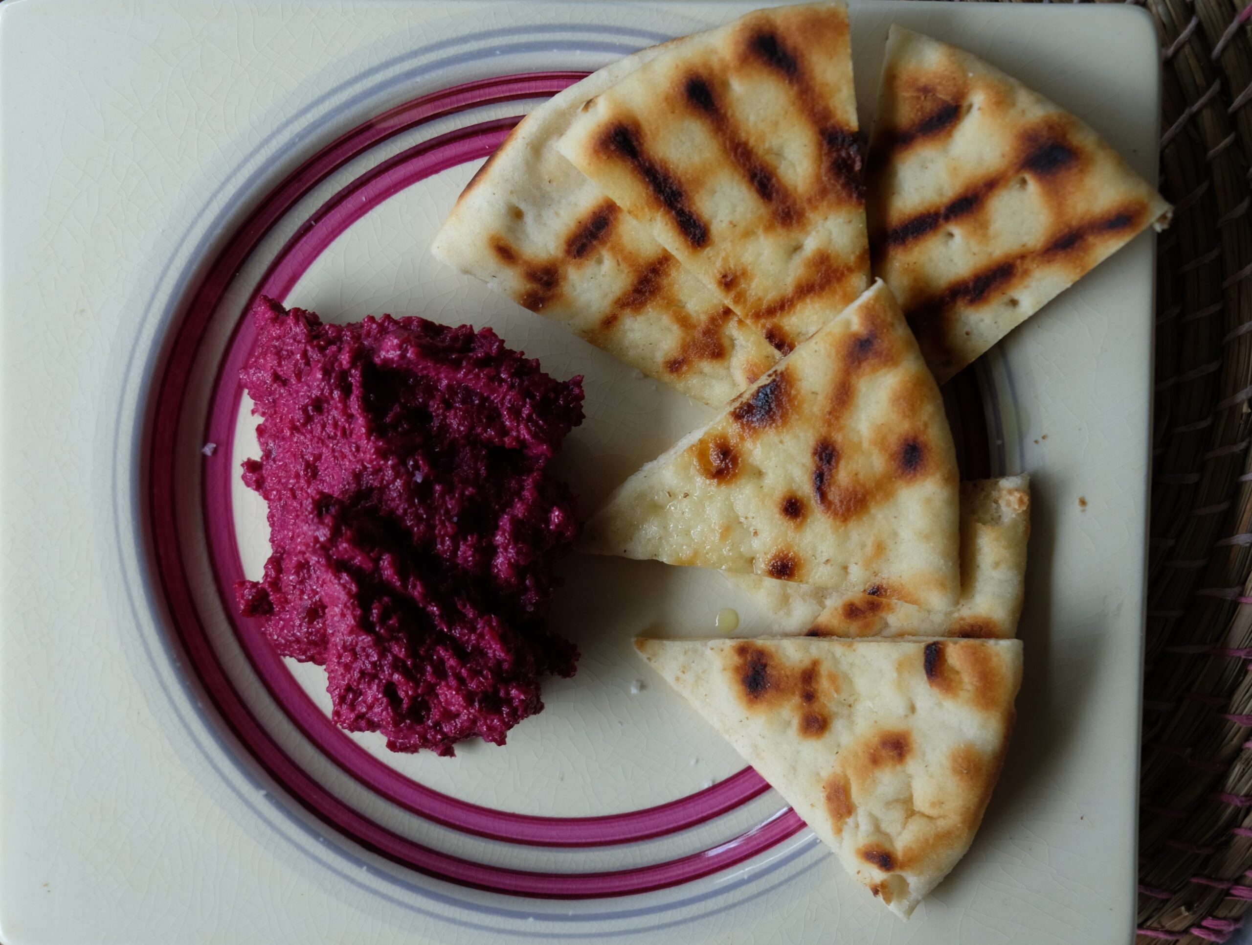 beet walnut tahini dip with warm pita